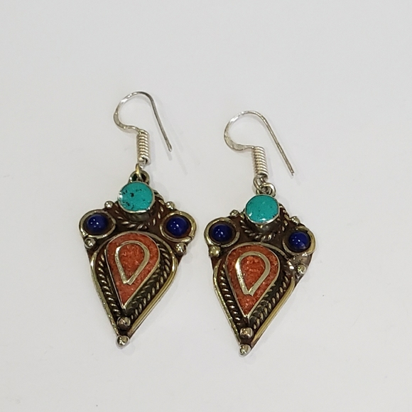 Tibetan Turquoise Lapis Lazuli Gem 925 Drop Earrings - Picture 7 of 12